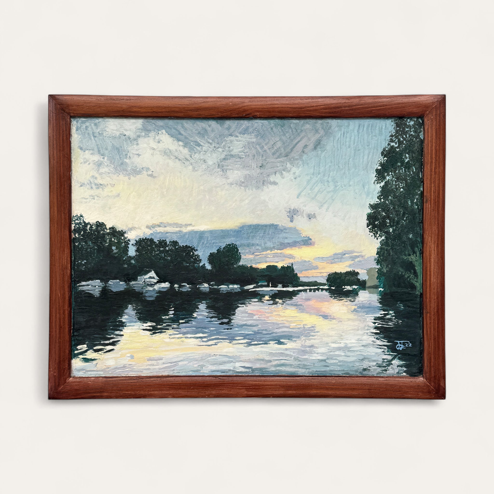 Canbury gardens, looking across the Thames towards Steven's Eyot: Oil Painting
