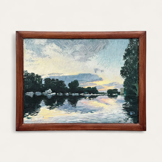 Canbury gardens, looking across the Thames towards Steven's Eyot: Oil Painting