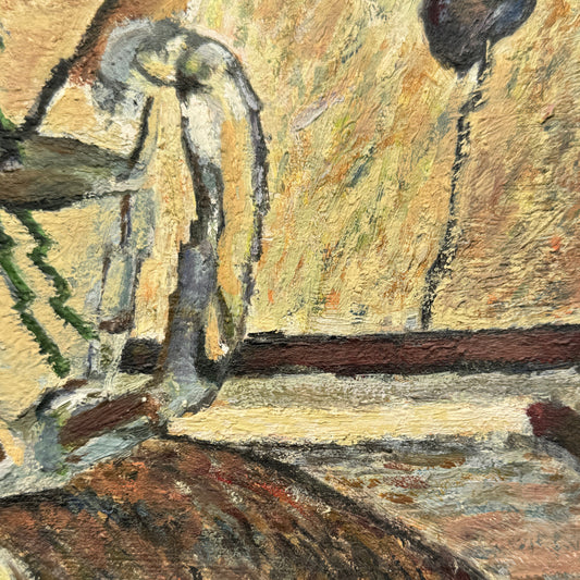 Close-up of a painting with textured brushstrokes and earthy tones.
