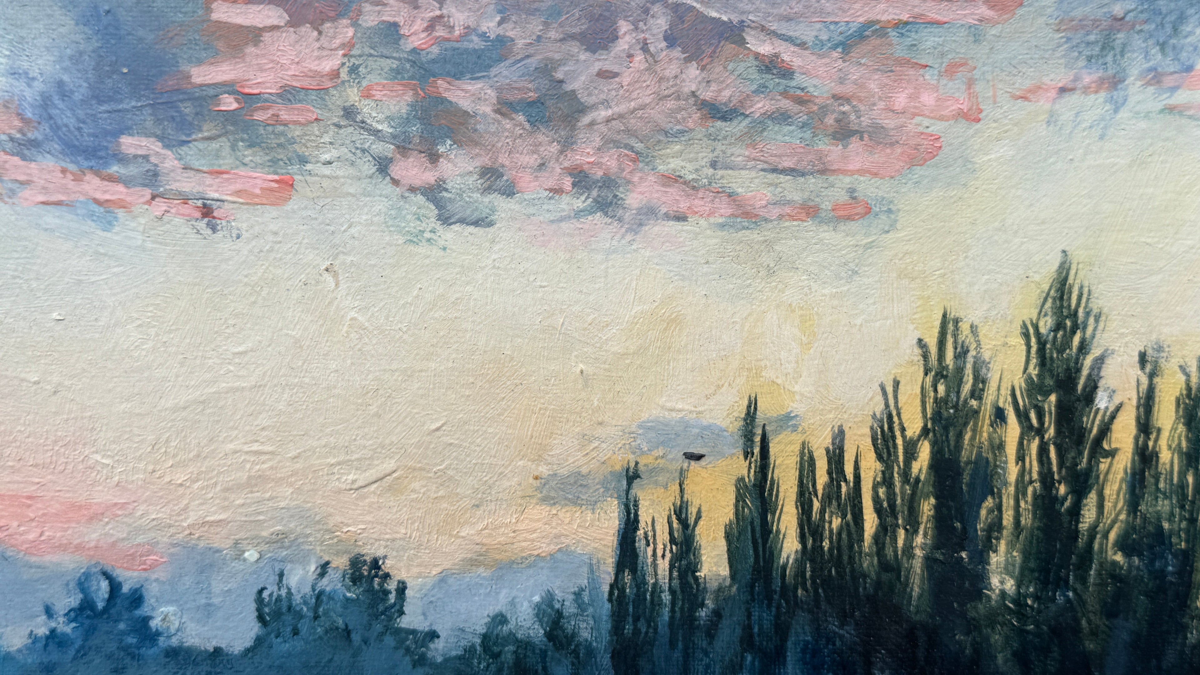 Artistic depiction of a sunset with pink and blue clouds and silhouettes of trees.