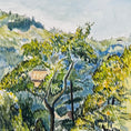 Load image into Gallery viewer, Watercolor painting of a bird flying over a landscape with trees and a building.
