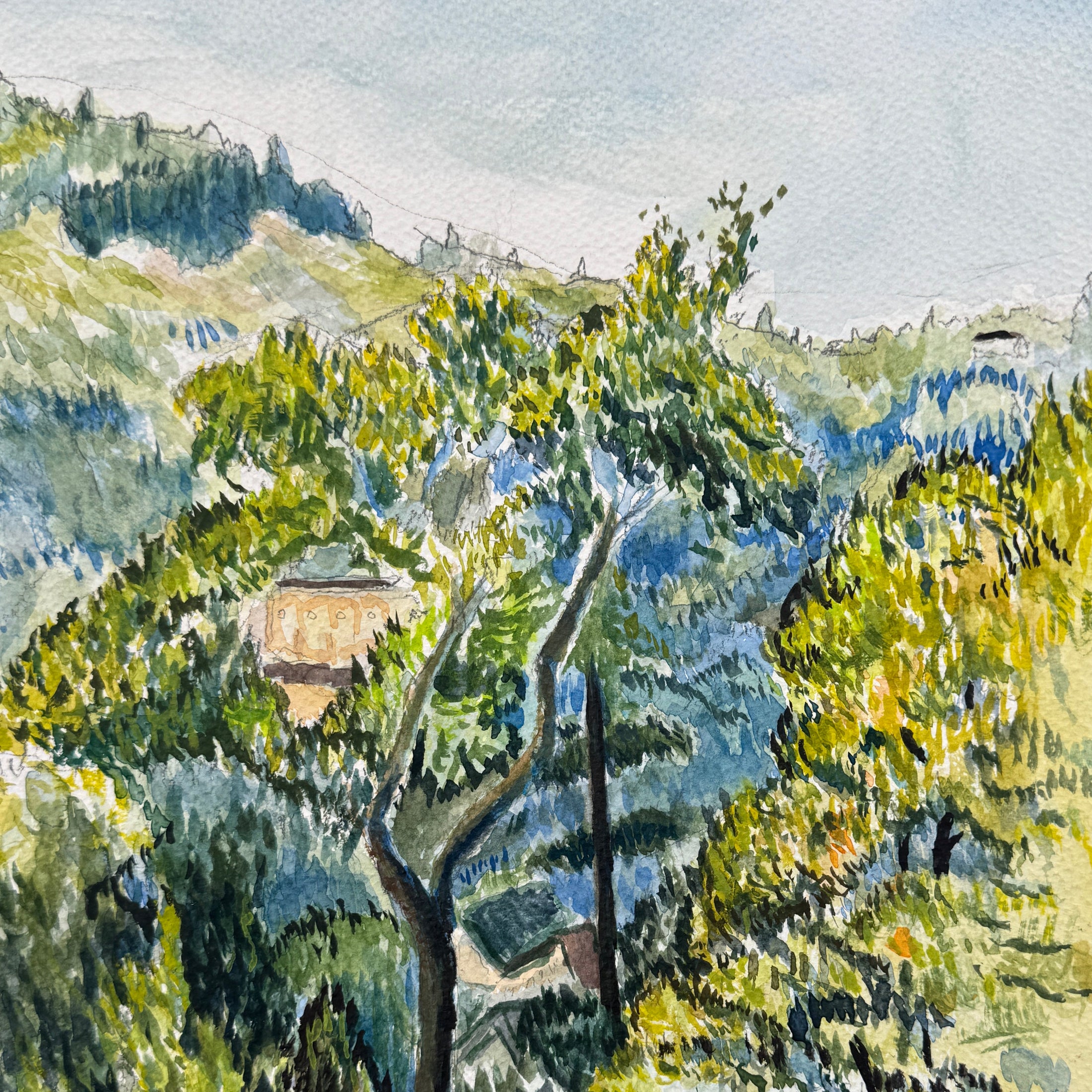 Watercolor painting of a bird flying over a landscape with trees and a building.