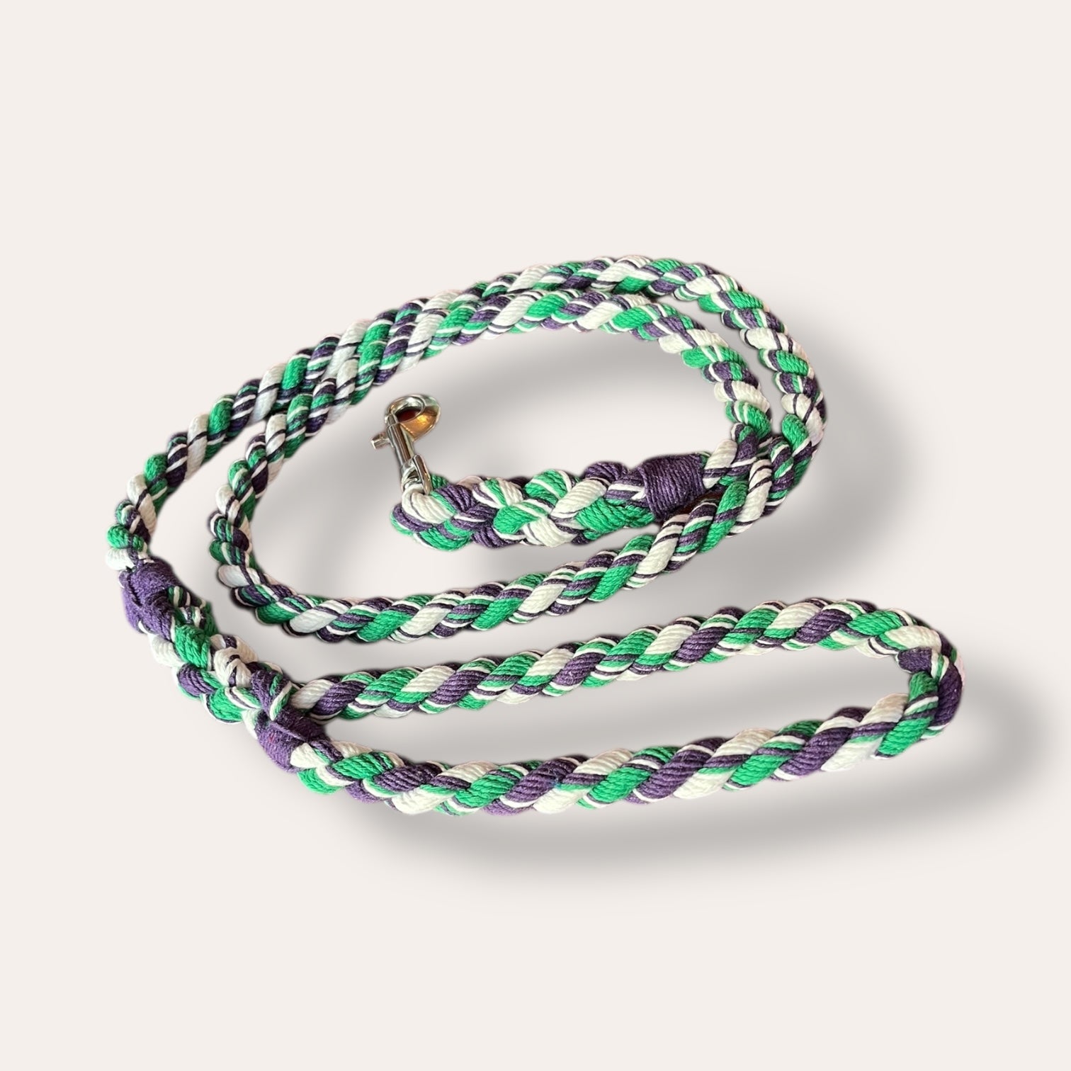Handmade rope dog leash in purple, white, green (made to order)