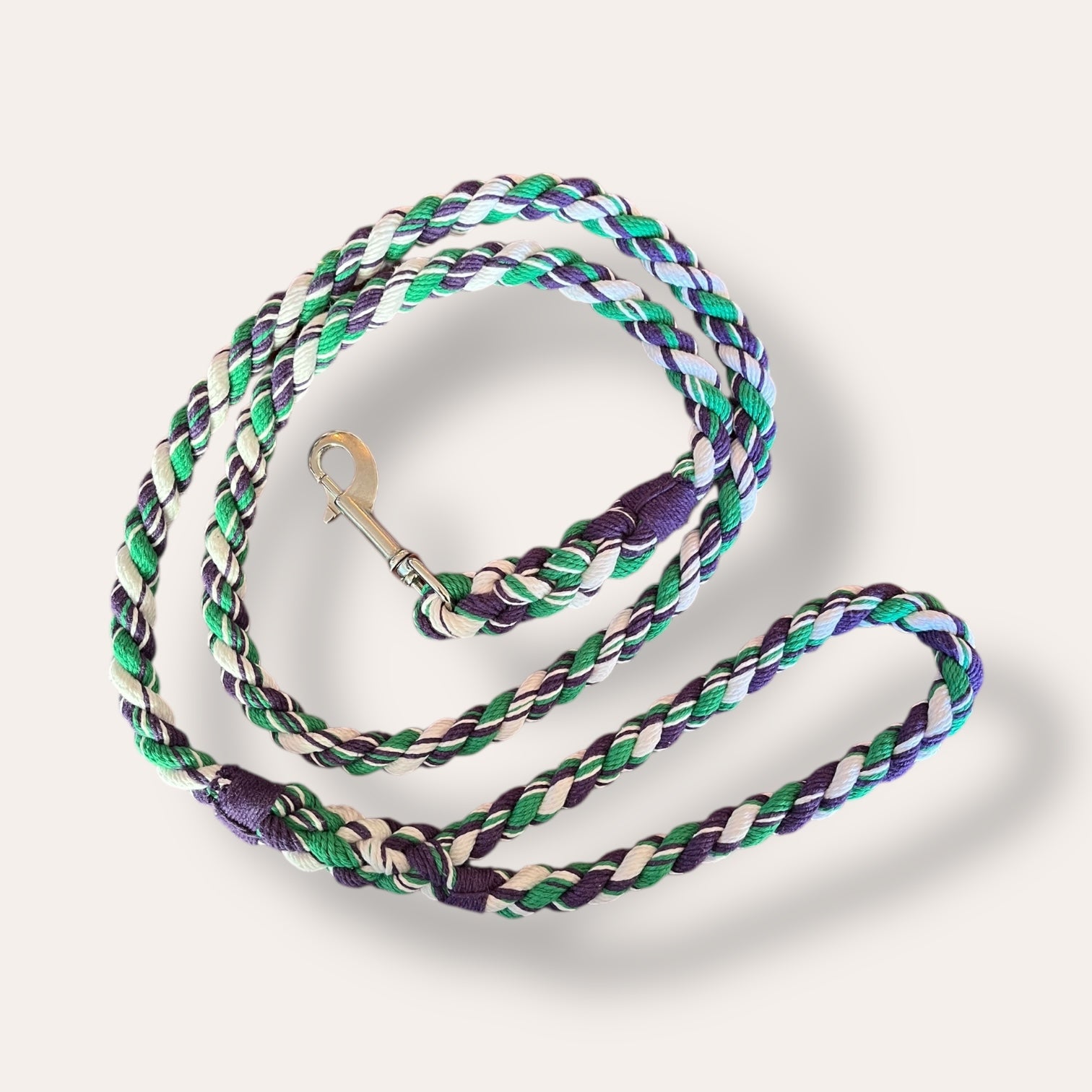 Handmade rope dog leash in purple, white, green (made to order)