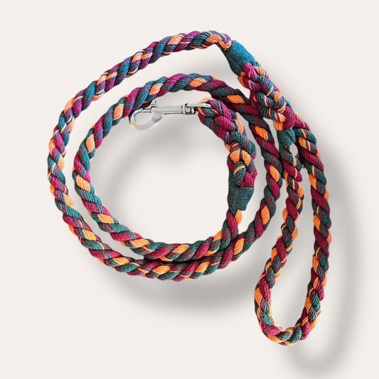 Handmade rope dog leash in orange, purple and green (made to order)