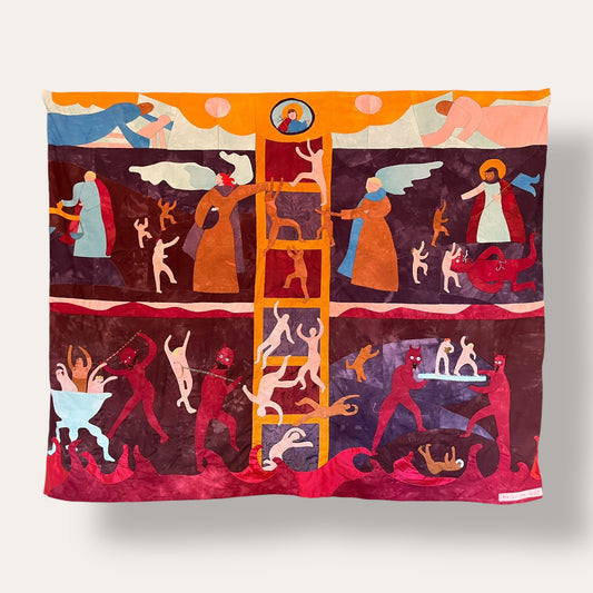 Colorful tapestry with ladder and figures design on a white background